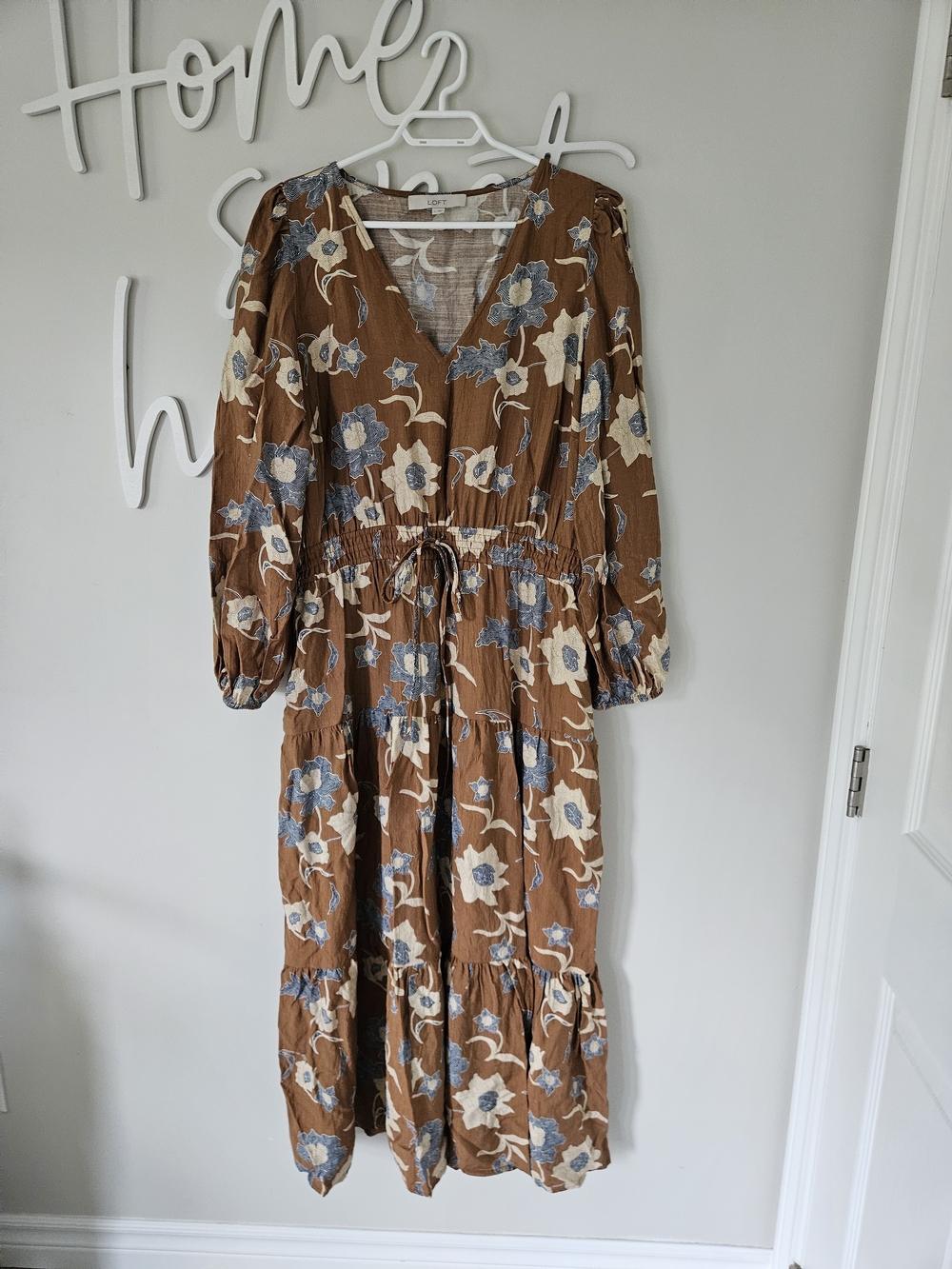 LOFT Brown Maxi Dress with Blue and Cream Floral Print